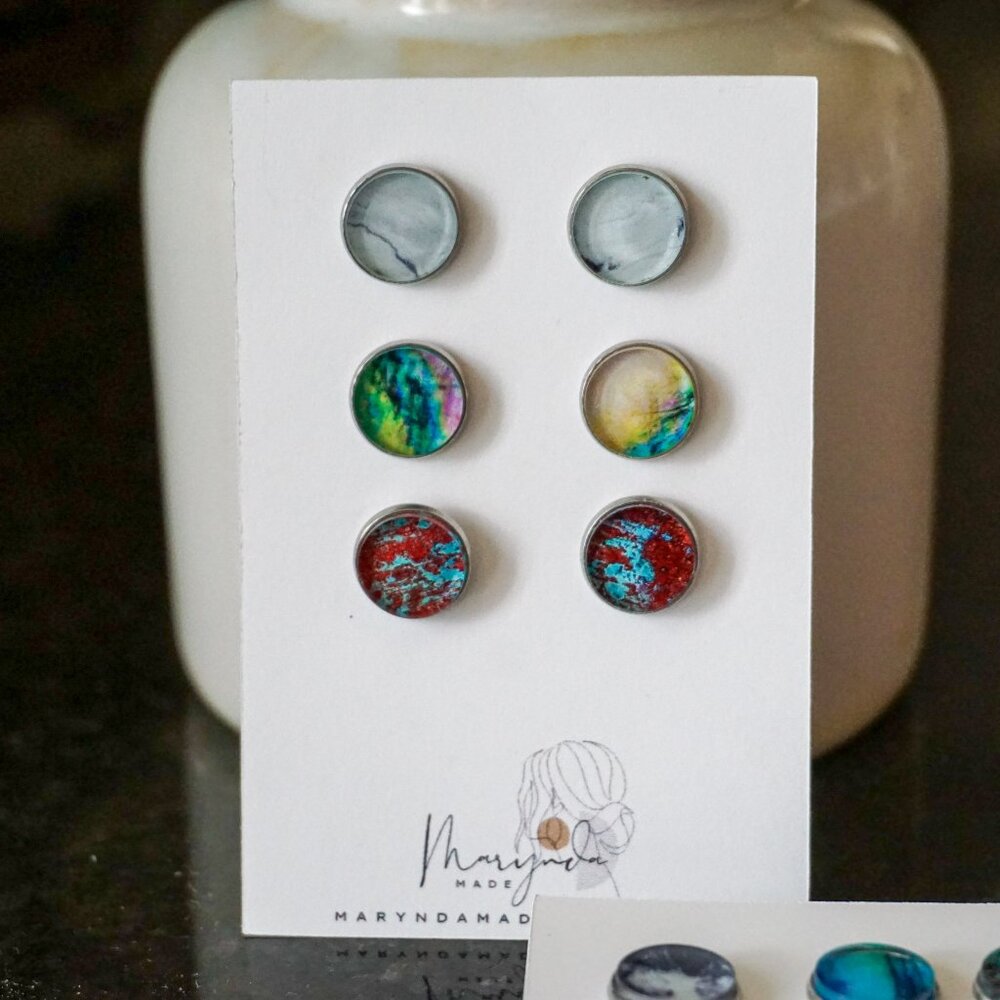 Acrylic Stud Earring Set – 3 Pair Bundle – Colorful Swirl Textured Studs – Light